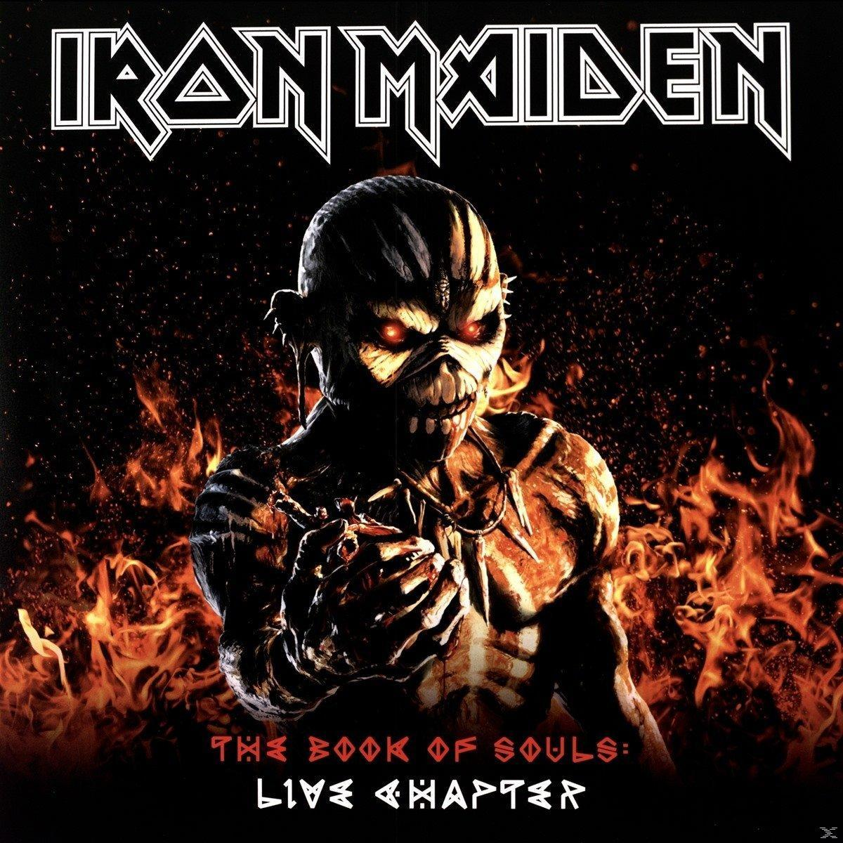 Albumcover mit einer skelettartigen Figur in Flammen, mit dem 'Iron Maiden'-Logo.
