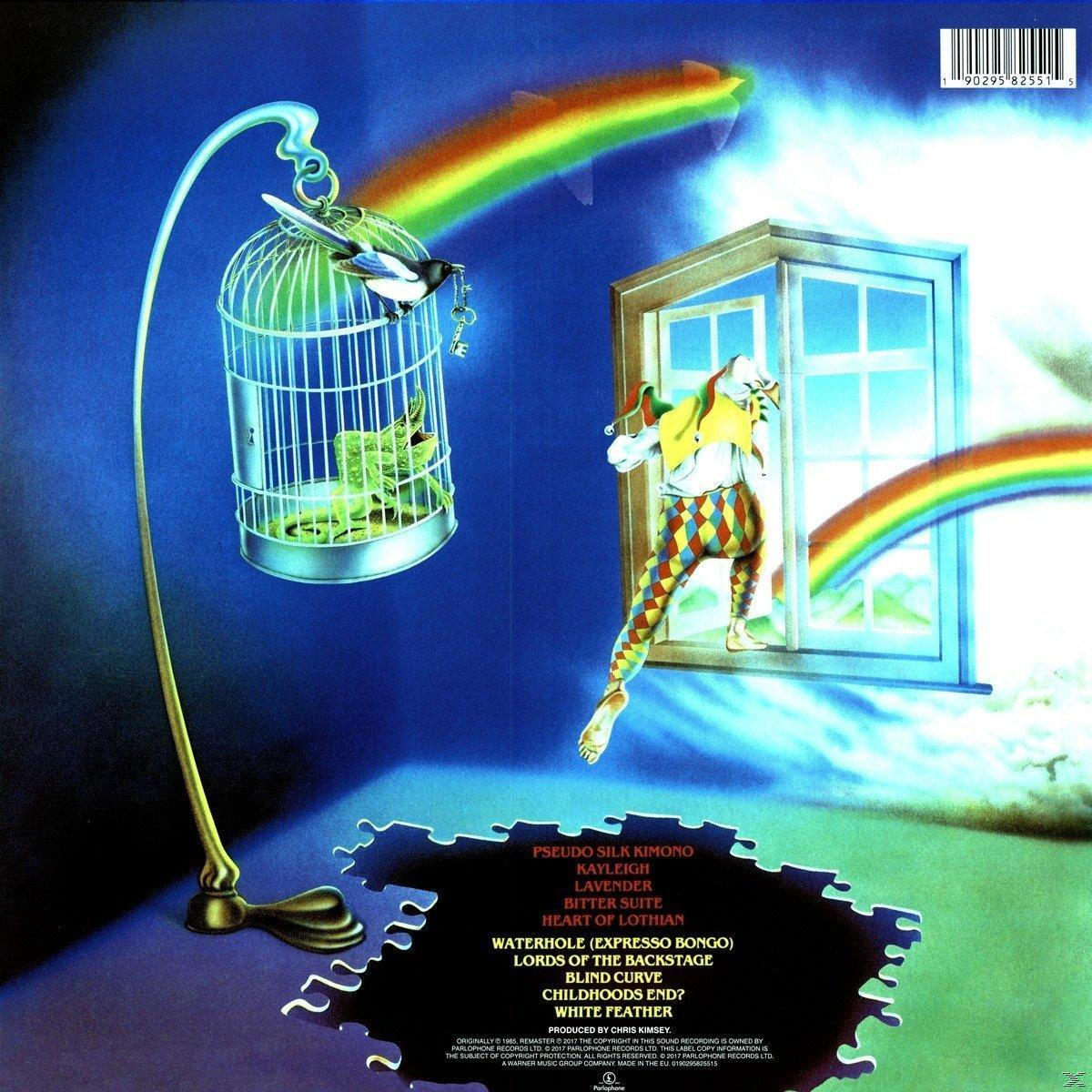 Ein surreales Albumcover mit Käfig, Clown, Regenbogen und Fenster.