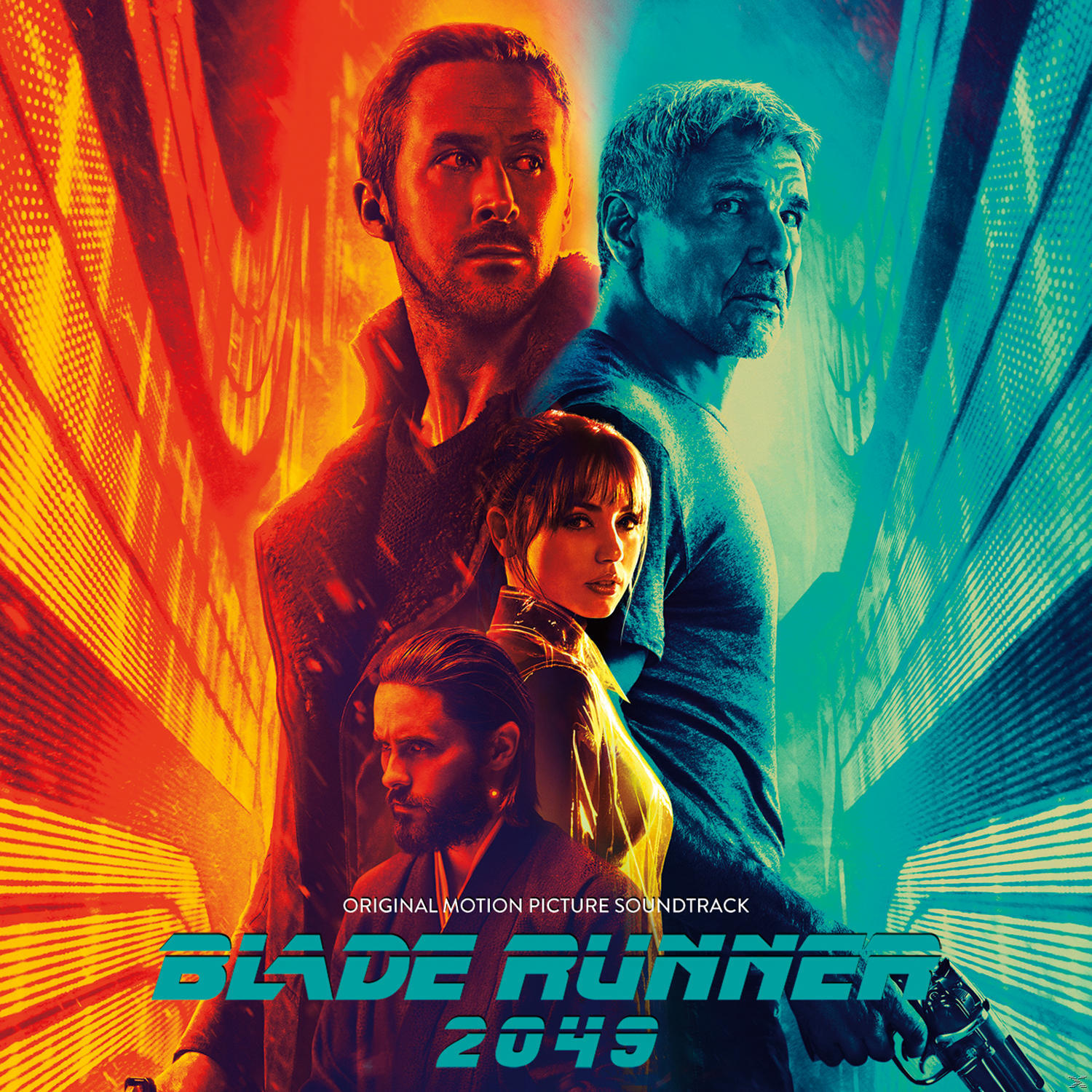 Filmposter: Blade Runner 2049, mit Ryan Gosling, Harrison Ford, Ana de Armas und einer Pistole.