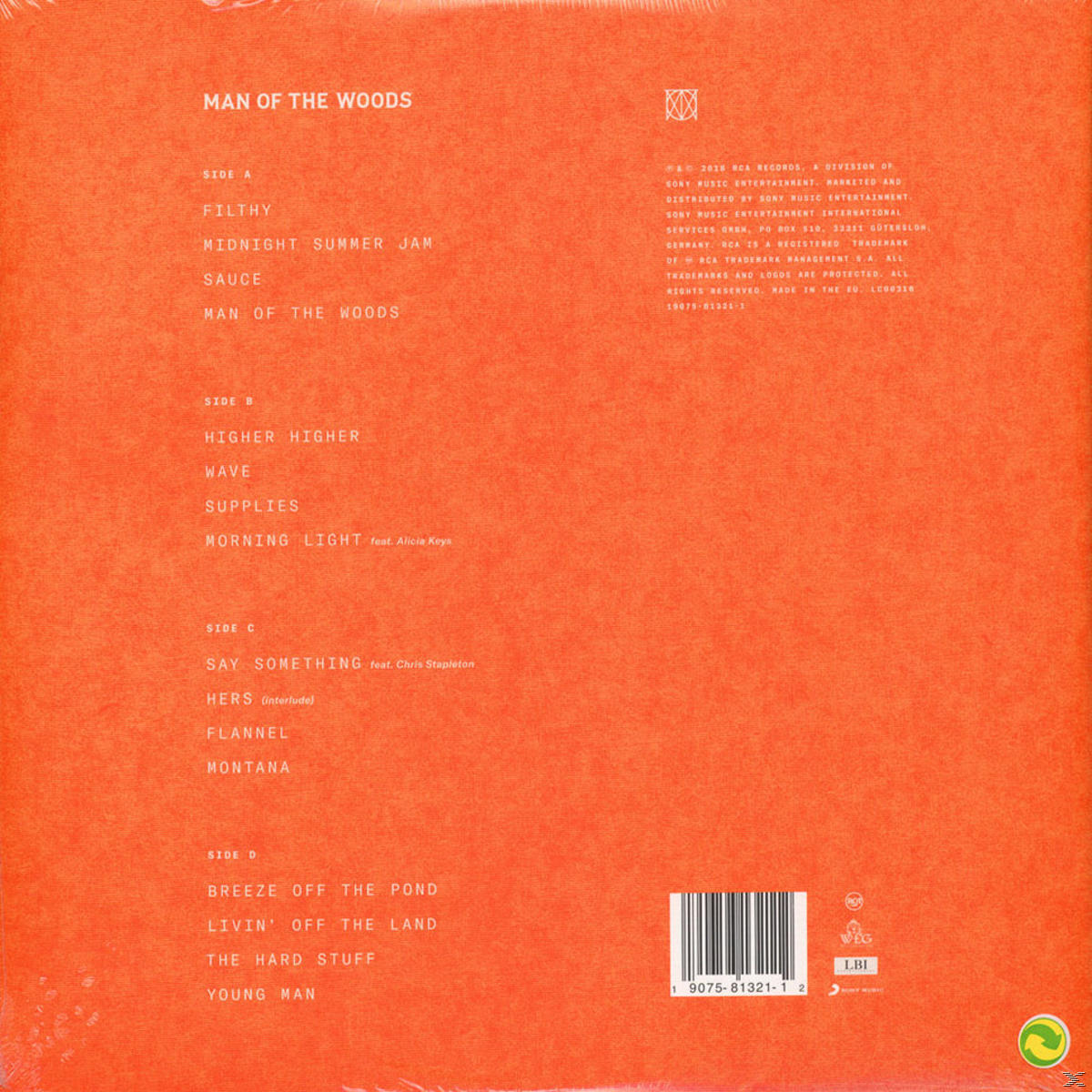 Albumcover mit Songtiteln auf orangefarbenem Hintergrund. Text enthält Auflistungen für Seite A, B, C und D.