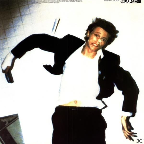 Albumcover mit einem Mann in weißem Hemd, schwarzer Jacke, der auf dem Boden liegt, Arme ausgestreckt, rückwärts fallend.