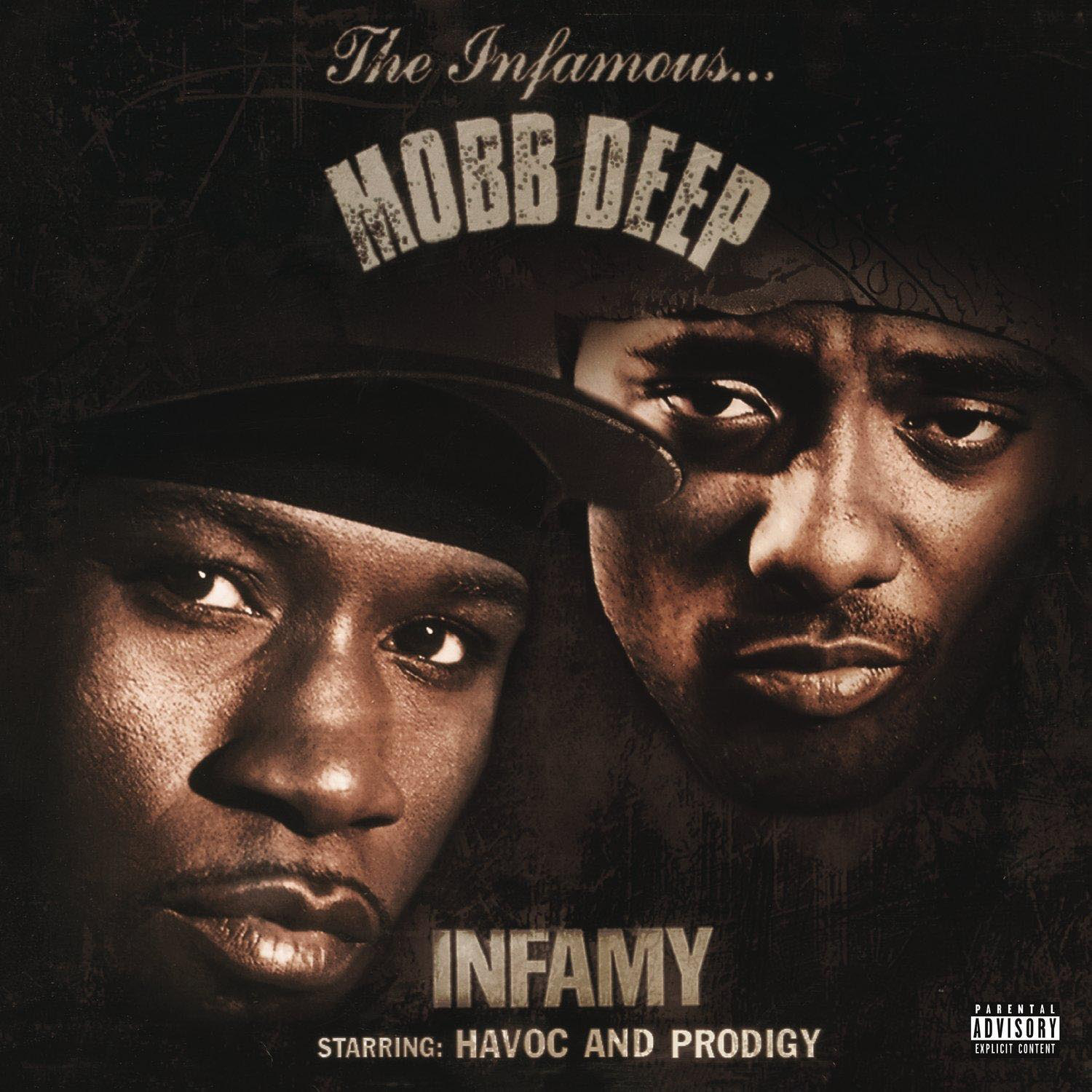 Albumcover: Zwei Männer in Sepiatönen. Titel: 'INFAMY' und die Namen der Künstler 'Havoc und Prodigy'.