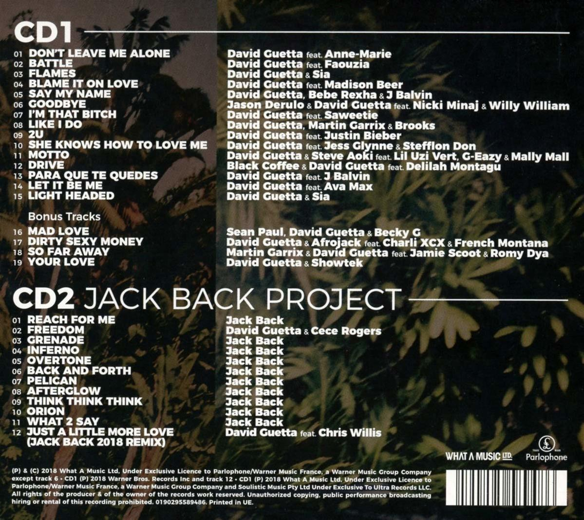 CD-Hülle hinten mit Titellisten und Künstlernamen in weißer Schrift auf dunklem Hintergrund.