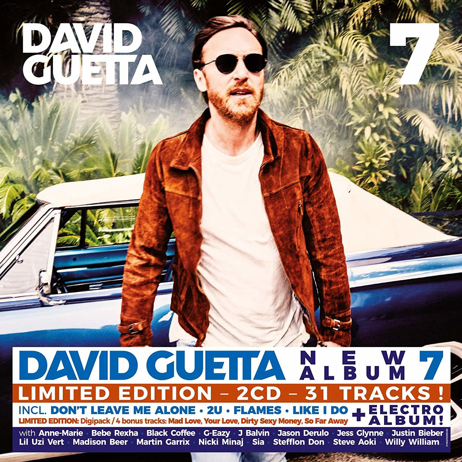 Albumcover: David Guetta mit Sonnenbrille. Text: David Guetta 7. Text über das Album.