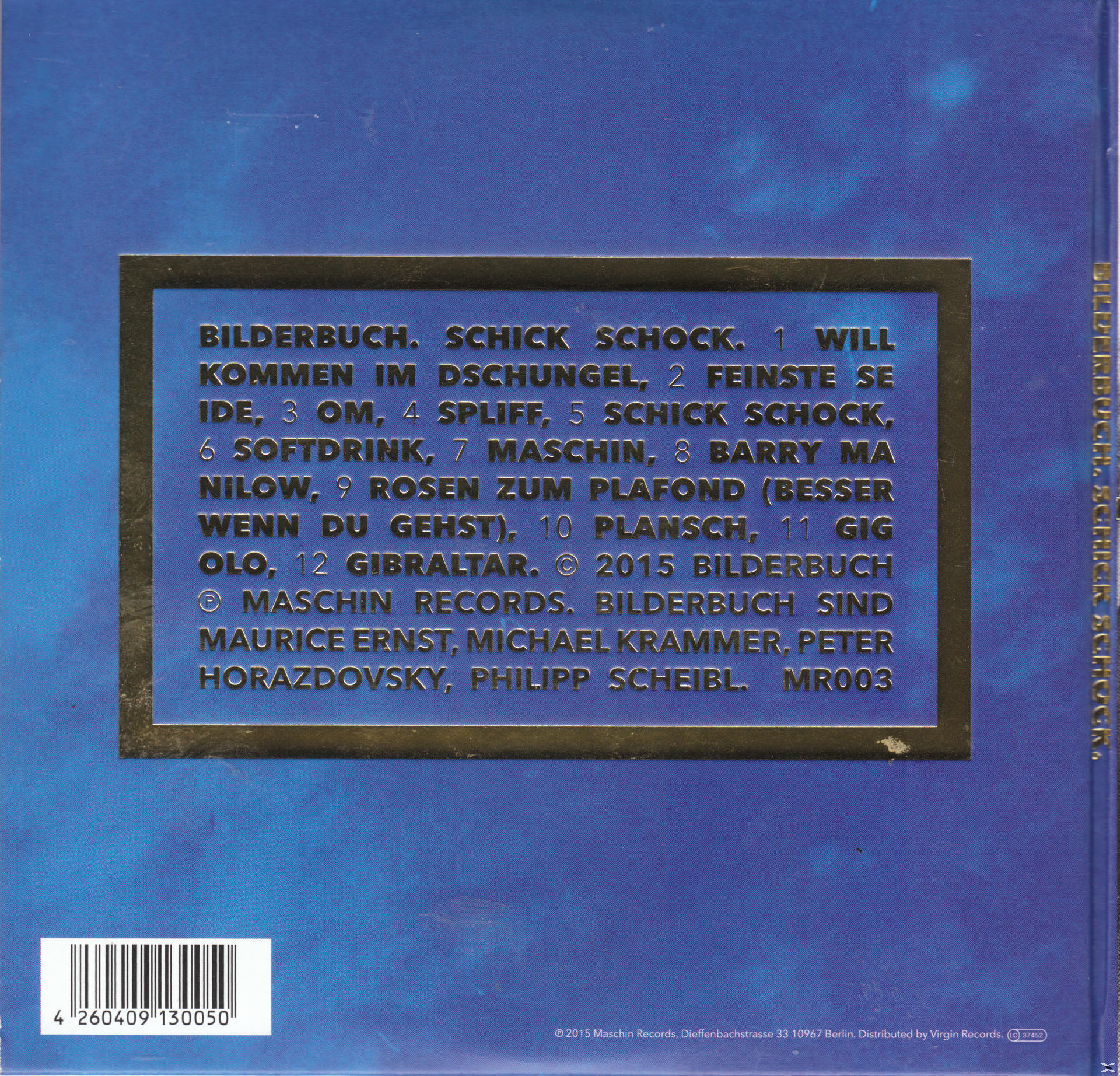 Blauer Hintergrund mit einem schwarzen Rechteck, das Text über die Albumdetails enthält.