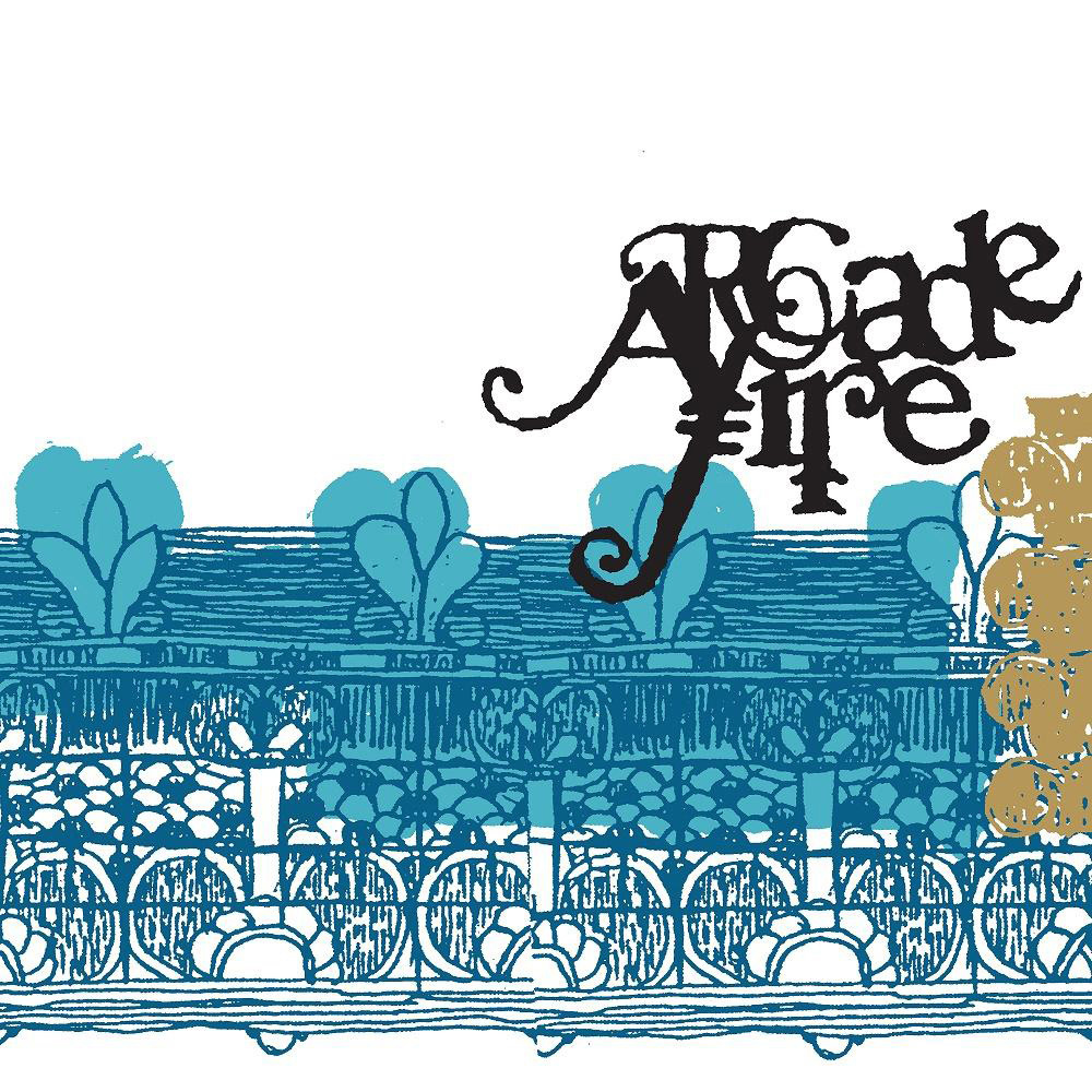 Albumcover: Blaue und goldene Kunst mit dem Bandnamen 'Arcade Fire' in Schwarz.