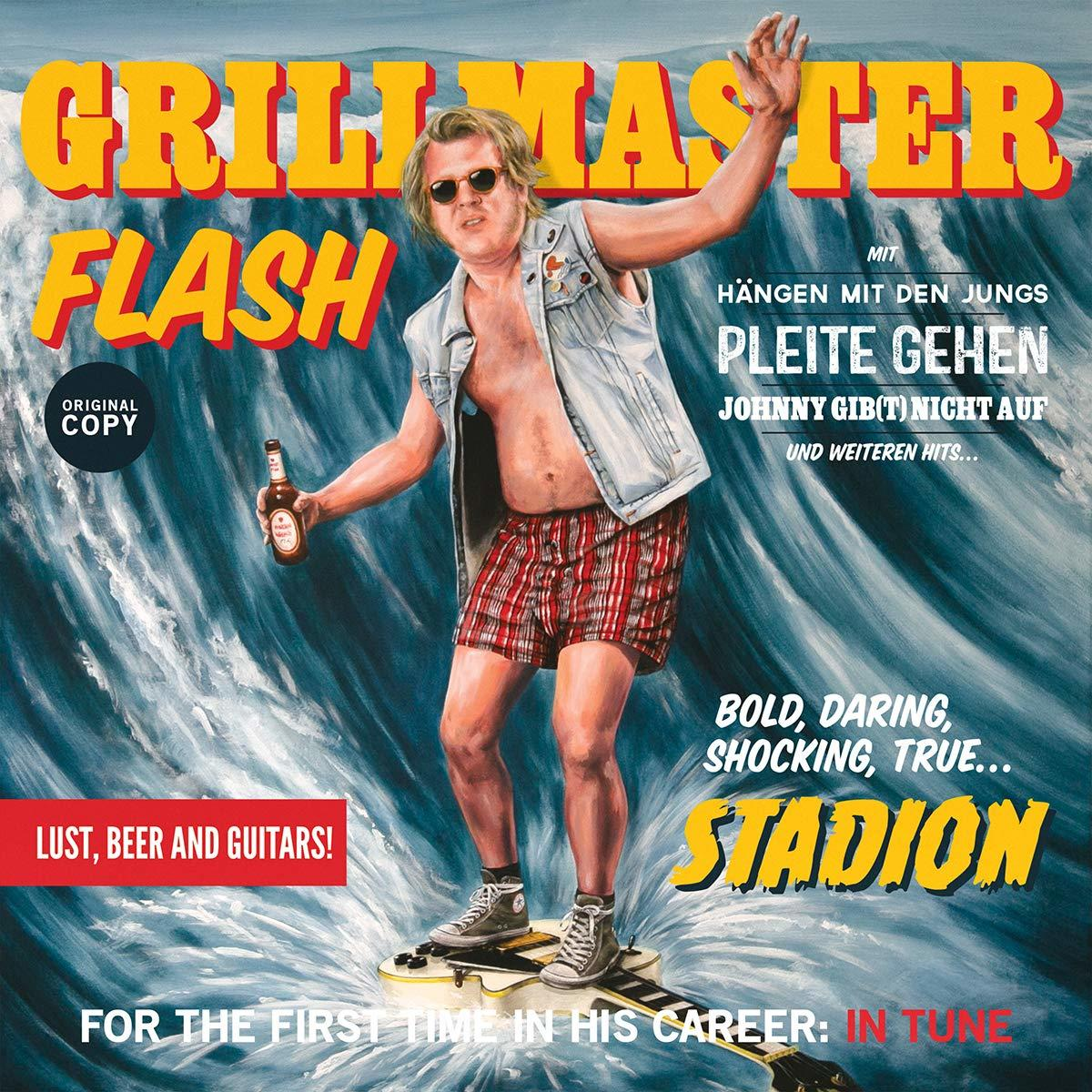 Albumcover: Mann surft auf einer Gitarre. Titel: Grillmaster Flash. Hintergrund: große Welle.