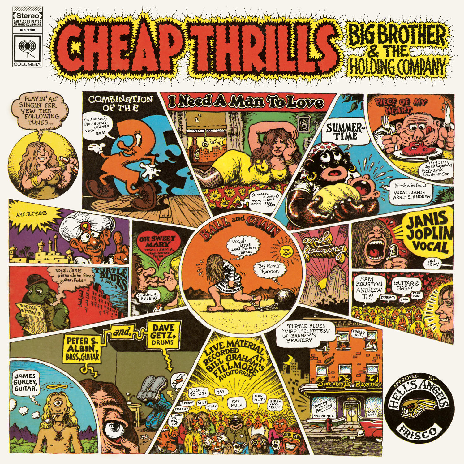 Cheap Thrills Albumcover: Comic-Stil mit Janis Joplin Gesang, Hell's Angels und verschiedenen Illustrationen.
