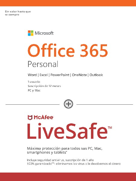 Pack Antivirus Mcafee Live Safe + Office 365 Personal, Suscrip. 1 año, Multidispositivo (Suscripción Digital)