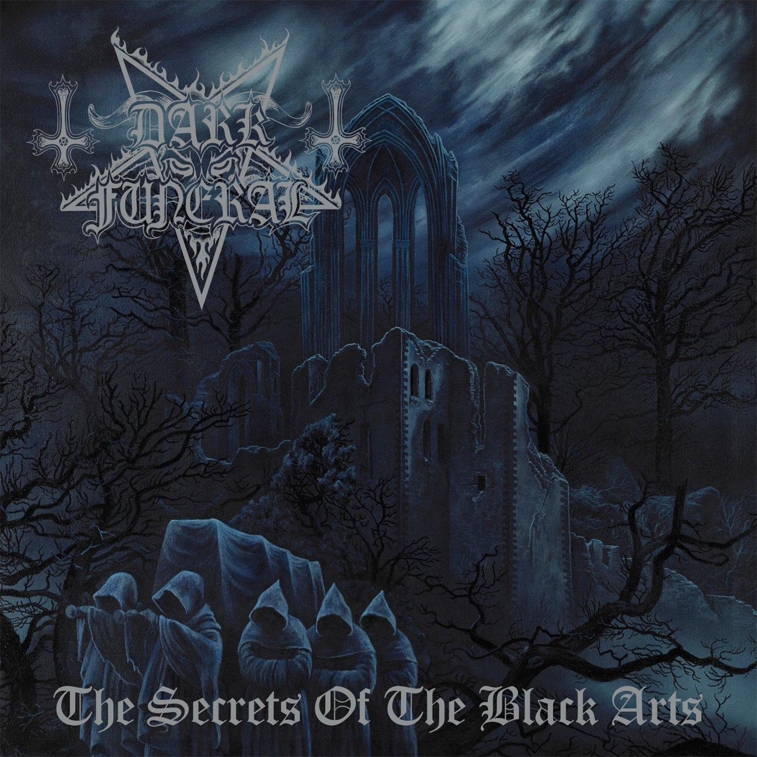 Albumcover. Dunkle Szenerie. Dunkle Bäume, gotisches Gebäude, Figuren in Umhängen, Text: DARK FUNERAL.