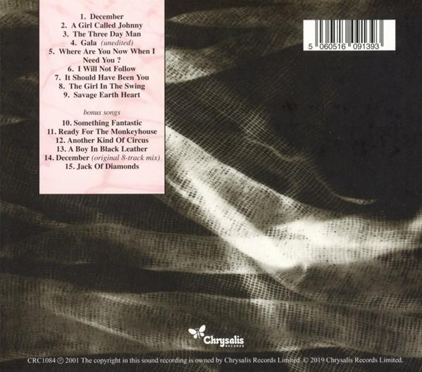 Rückseite einer CD-Hülle mit Titellisten und einem Chrysalis Records-Logo. Der Hintergrund ist Stoff.