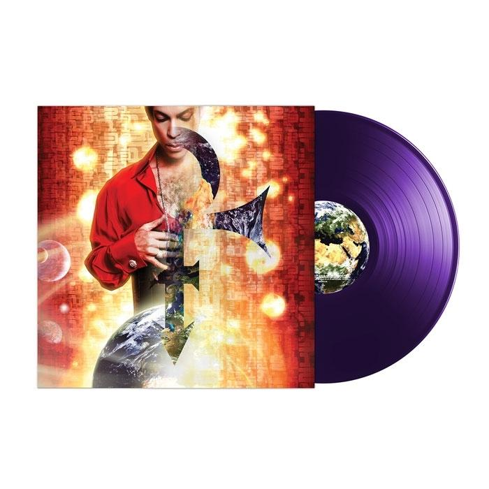 Albumcover. Prince hält ein Symbol. Rechts ist eine lilafarbene Vinylplatte. Die Erde ist im Hintergrund.