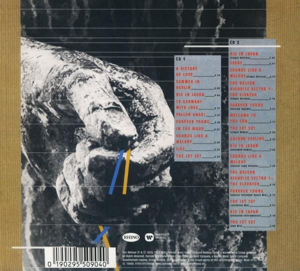CD-Album-Rückseite. Enthält Titellisten der Musik auf CD1 und CD2 sowie eine Grafik einer Hand.