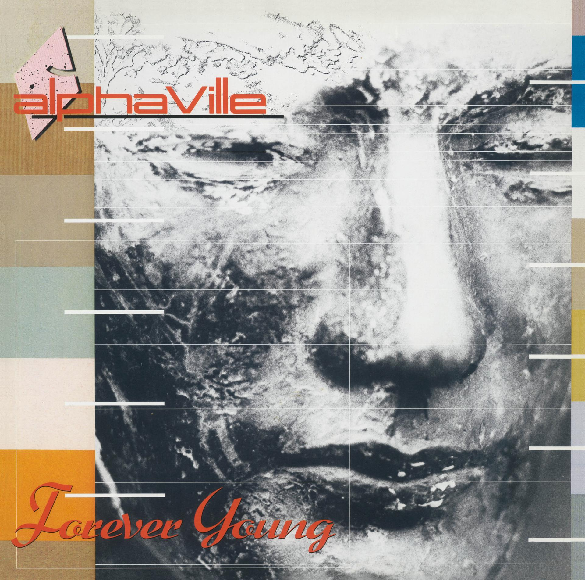 Alphaville Albumcover. Ein Gesicht mit Linien, rotem und orangefarbenem Text und rosa Formen auf grauem Hintergrund.