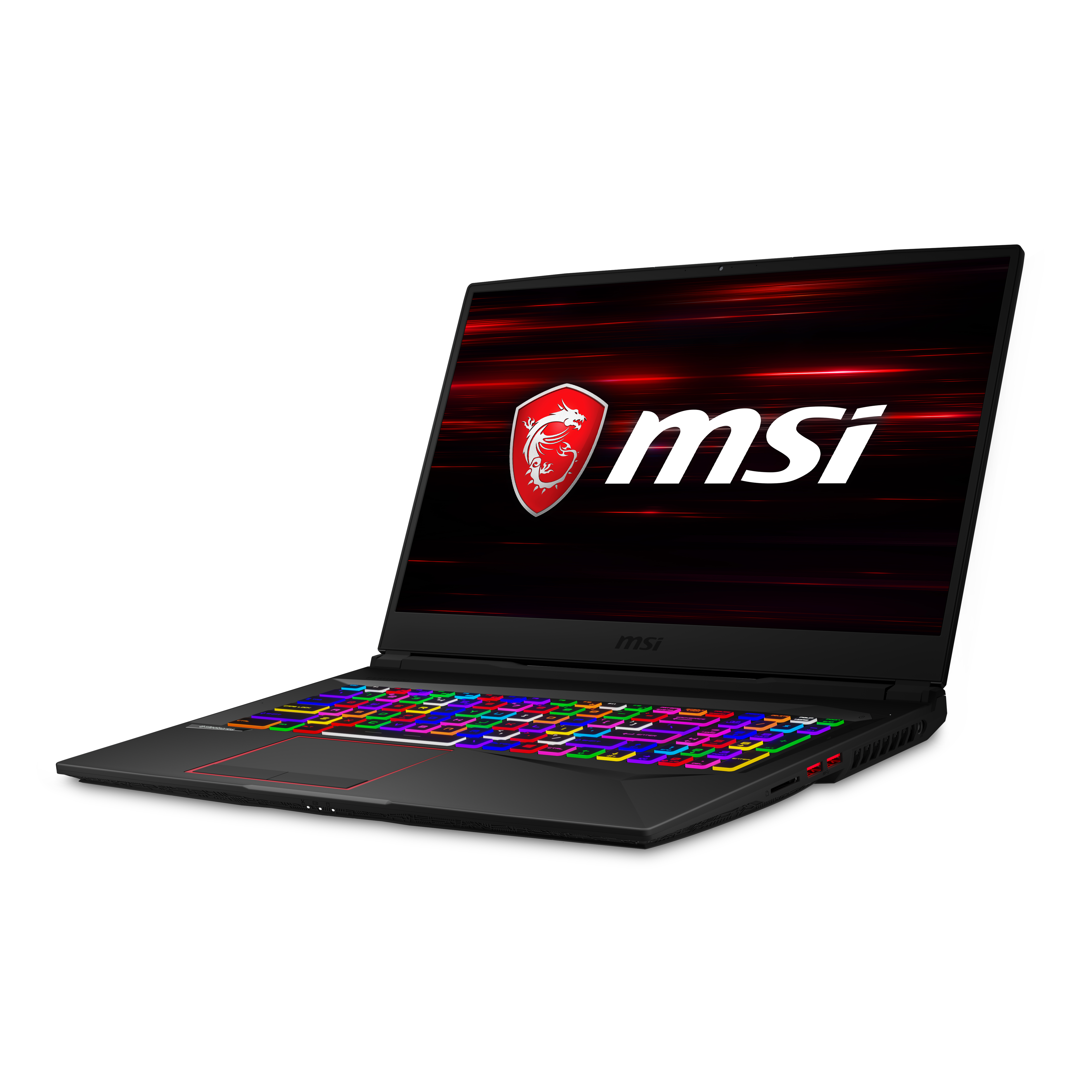 Schwarzer Laptop mit leuchtender Tastatur. MSI-Logo auf dem Bildschirm. Dunkler Hintergrund, Produktaufnahme.