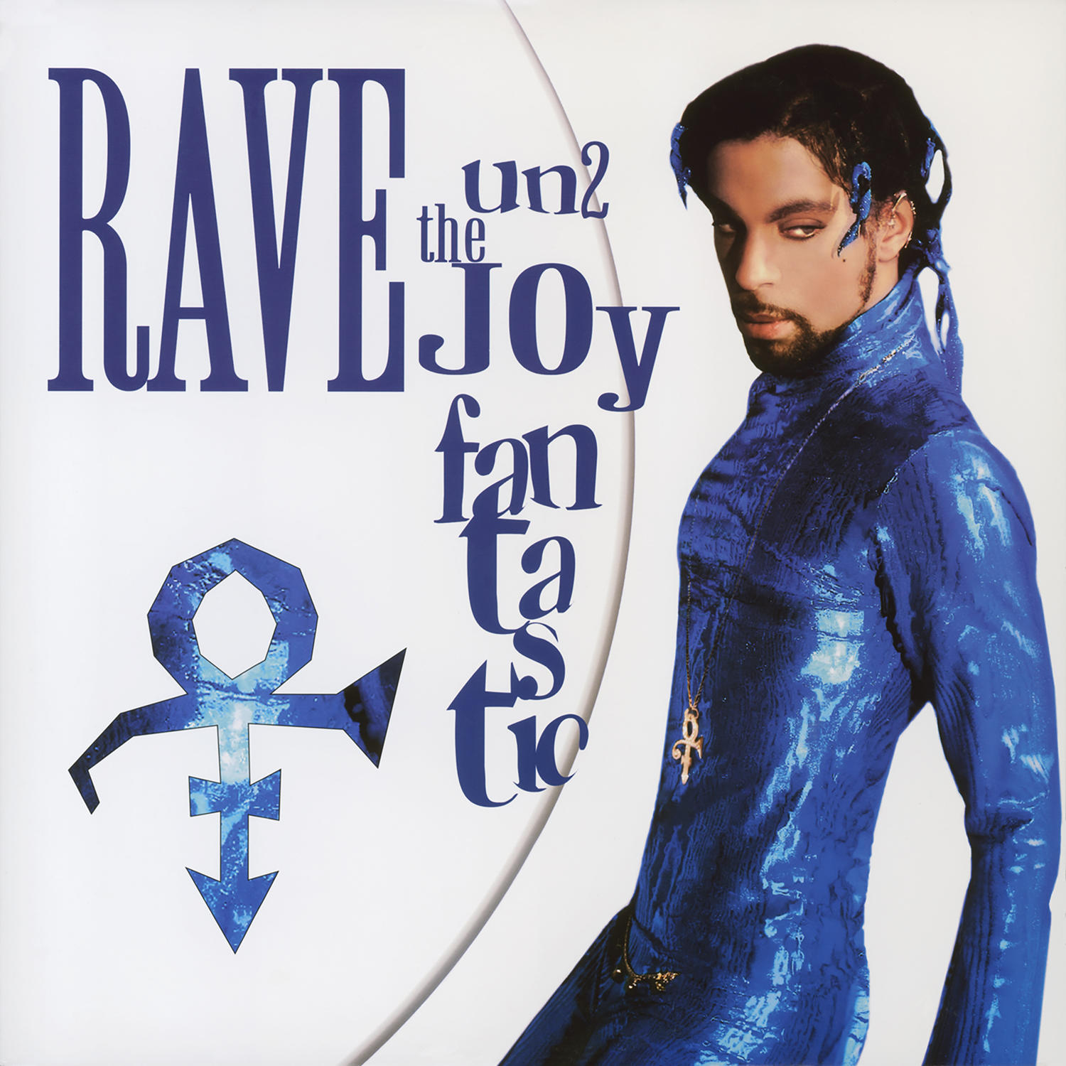 Prince Albumcover. Mann in Blau, mit dem Wort RAVE in Lila und anderem Text.