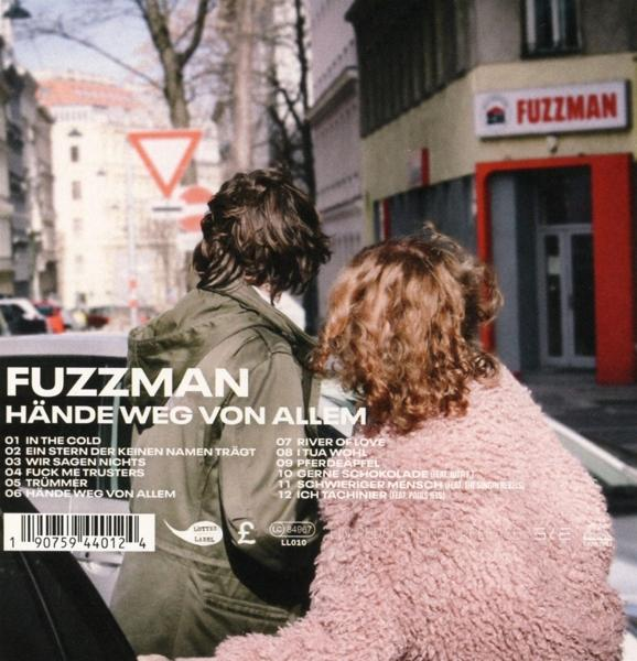 Albumcover mit zwei Personen. Text: FUZZMAN, HÄNDE WEG VON ALLEM. Rückansicht.