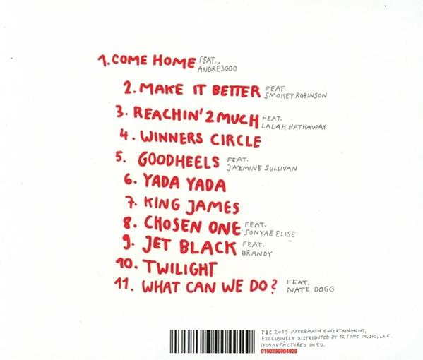 Album-Rückseite. Listet Songs in roter Schrift auf. Verfügt über ein rotes Logo. Weißer Hintergrund.