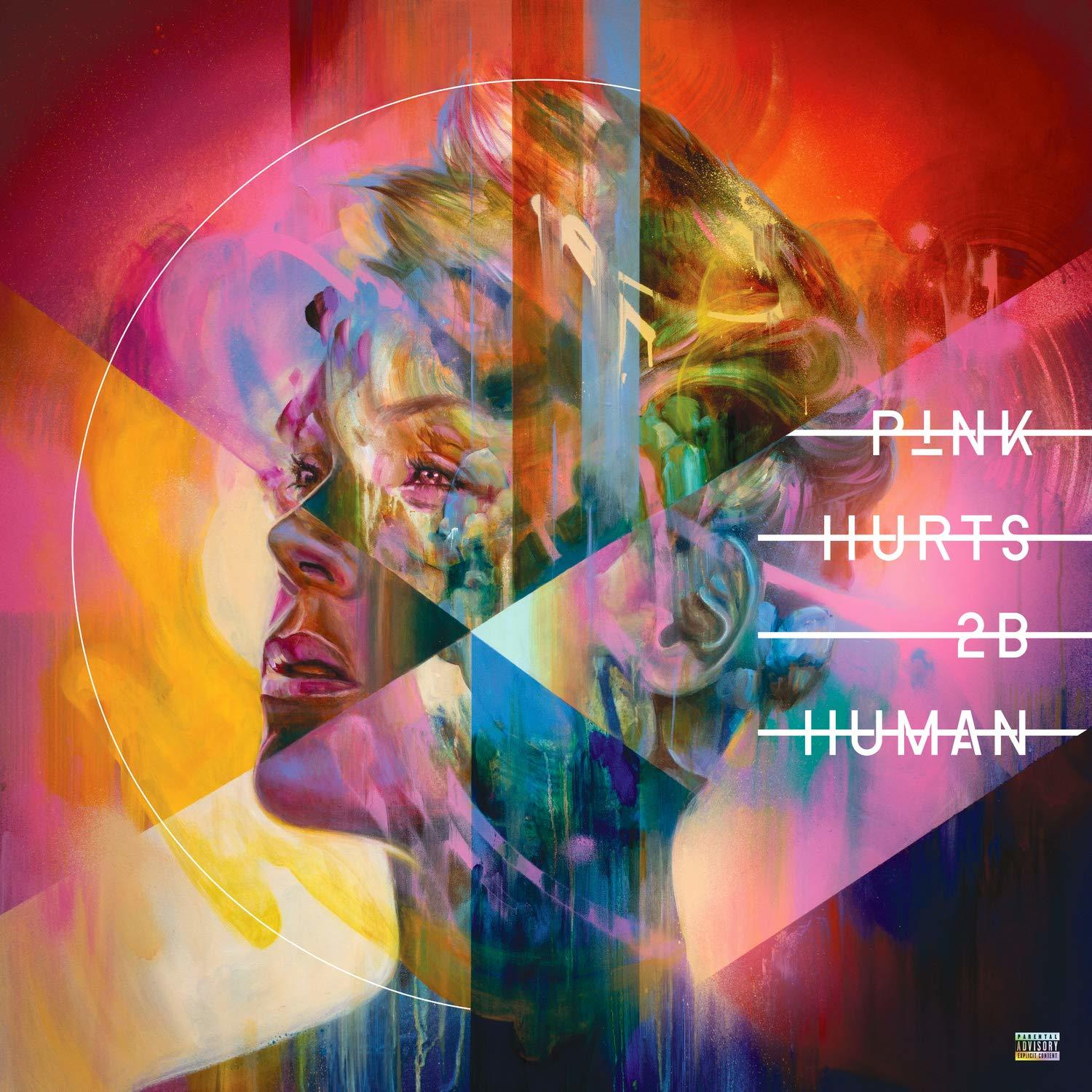 Pink-Albumcover: Gesicht mit bunten abstrakten Formen, rosa, gelb und blaue Farbtöne. Titeltext sichtbar.