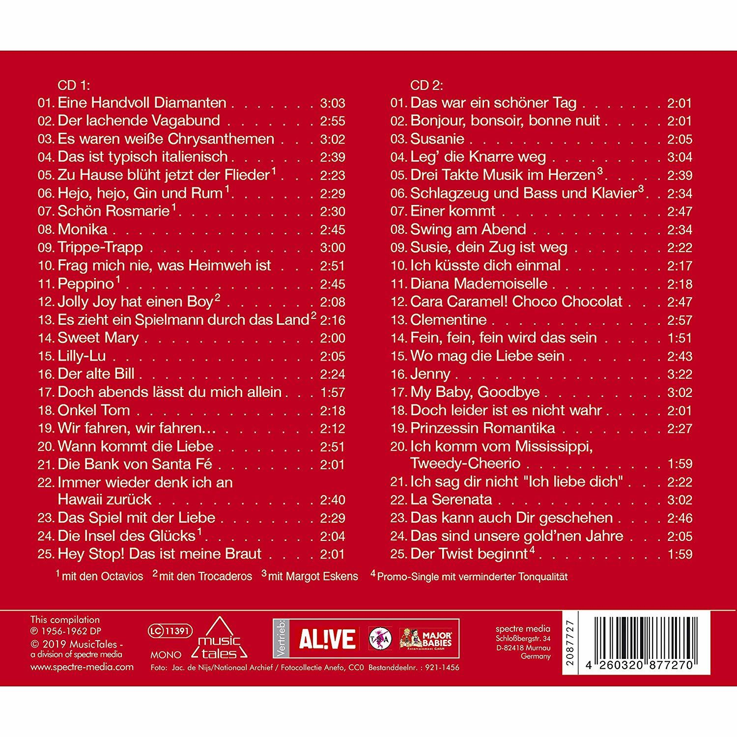 Albumcover mit Titelliste. Zwei CDs werden mit weißem Hintergrund angezeigt. Text ist schwarz. Verschiedene Songs aufgelistet.