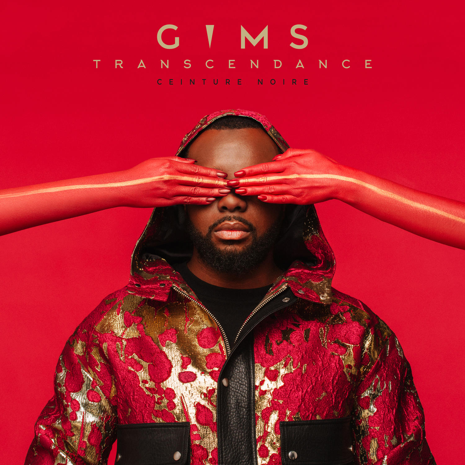 Albumcover von Gims. Hände mit Goldfarbe bedecken Augen. Text: Transzendenz, Ceinture Noire auf rotem Hintergrund.
