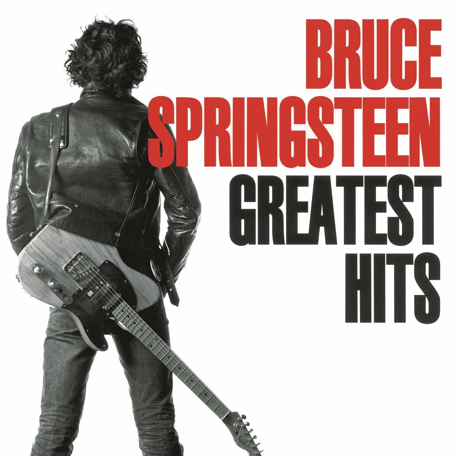 Bruce Springsteen mit dem Rücken zum Betrachter, hält eine Gitarre. Der Text lautet "GREATEST HITS".