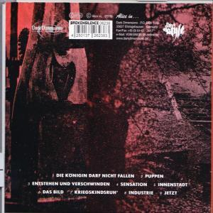Rückseite einer CD mit deutschem Text und einem dunklen, bedrohlichen, rot getönten Hintergrund.