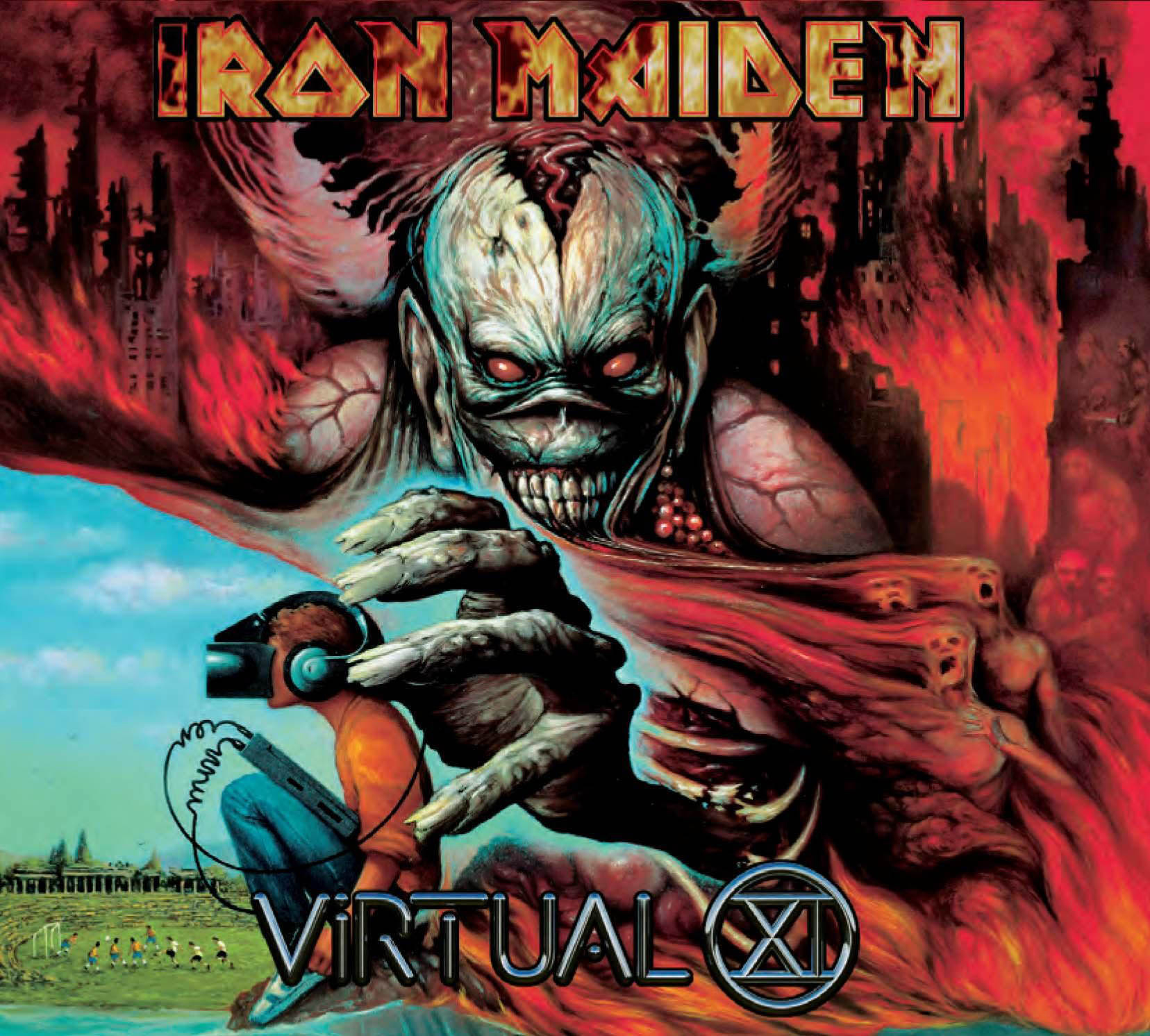 Iron Maiden Albumcover. Ein Dämon und ein Mann mit VR-Brille. Titel: Virtual XI.