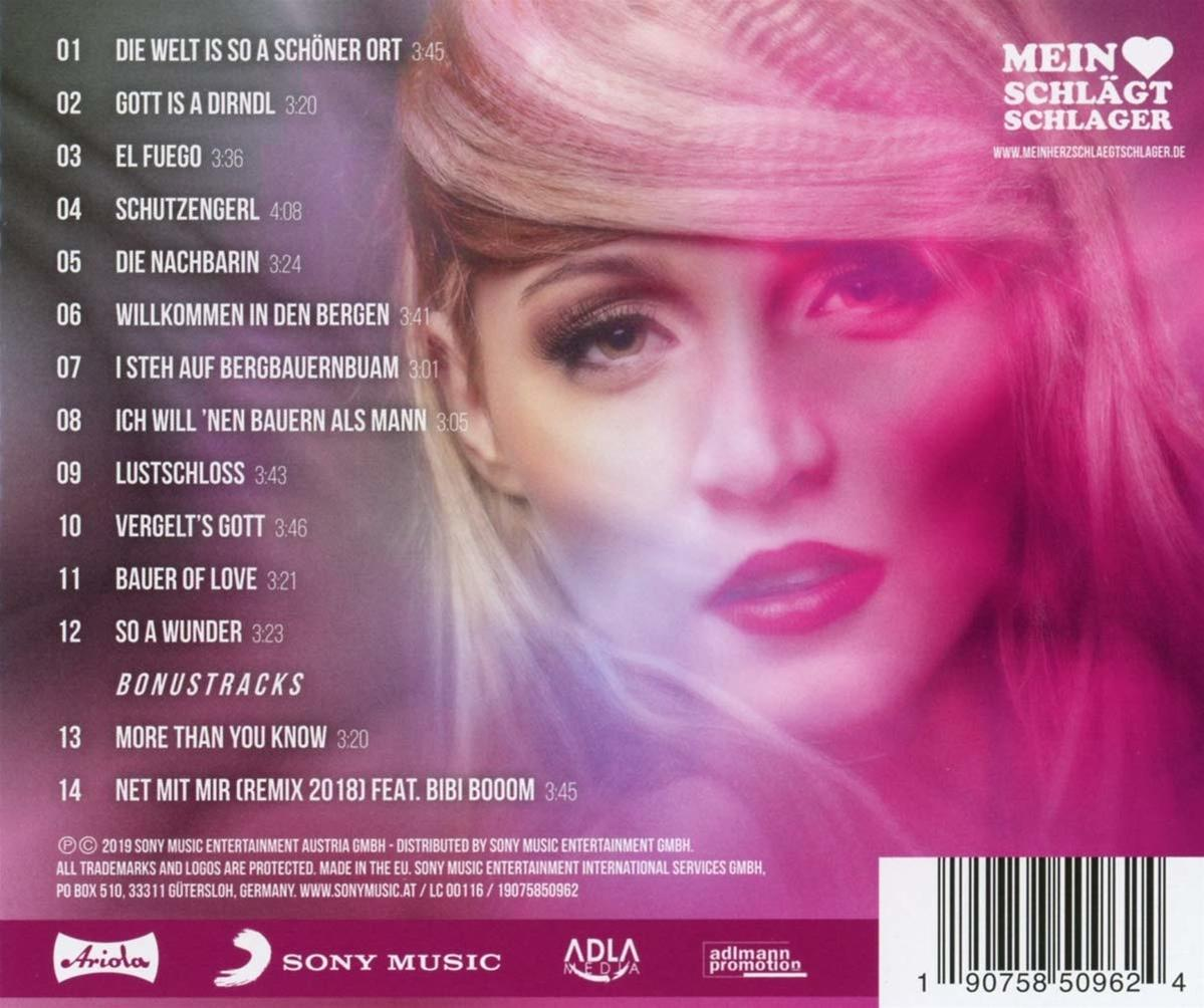 Album-Rückseite mit Portrait einer Frau und Trackliste, mit Text und Logos.