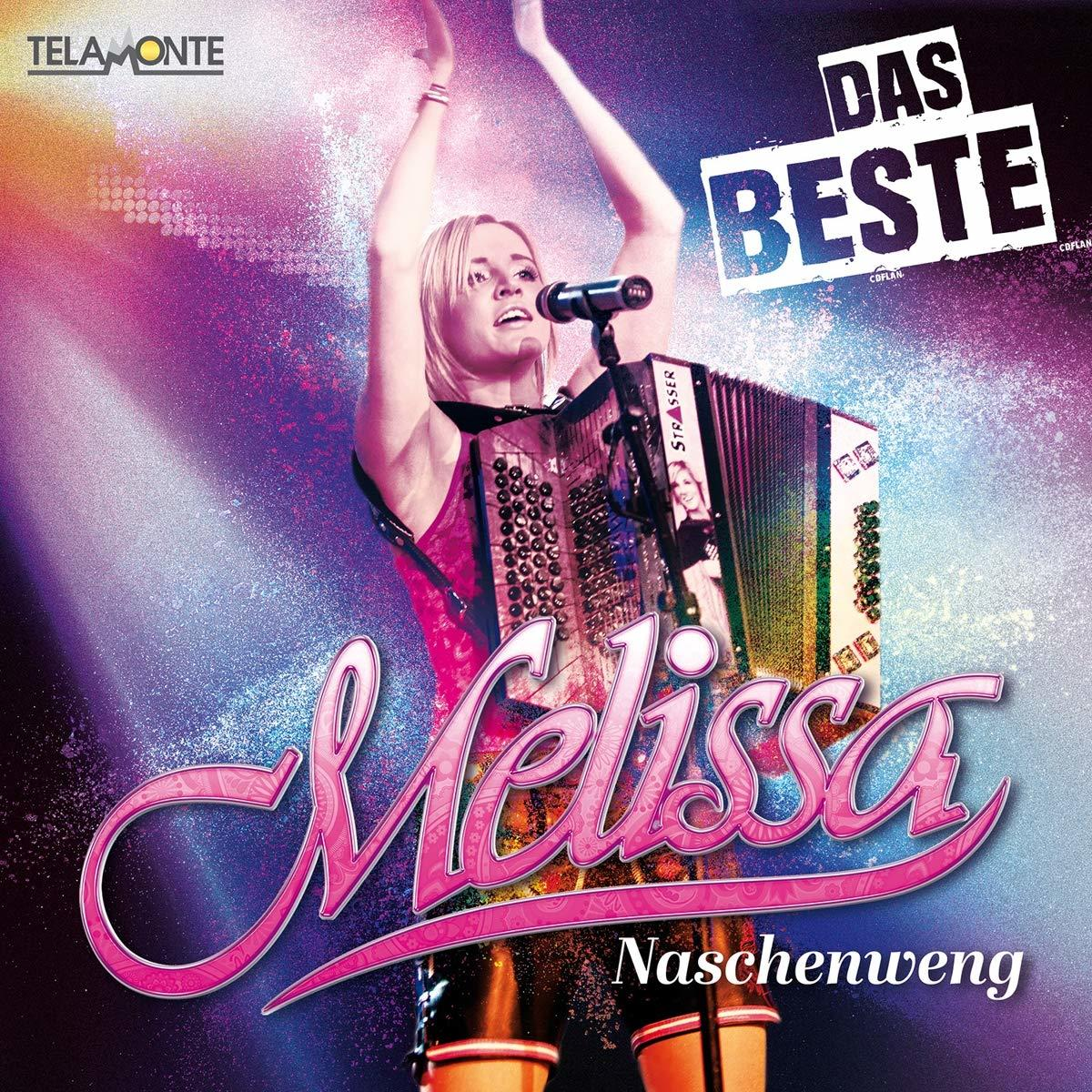 Albumcover von Melissa Naschenweng, die singt und Akkordeon spielt, in Pink und Lila.