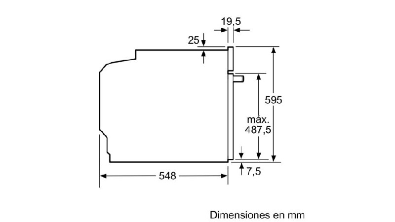 Un dibujo técnico de un horno empotrado con indicaciones de tamaño en milímetros.