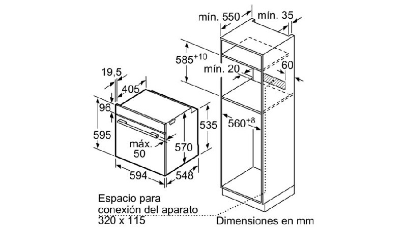 Dibujo técnico de un horno empotrado con dimensiones en milímetros.