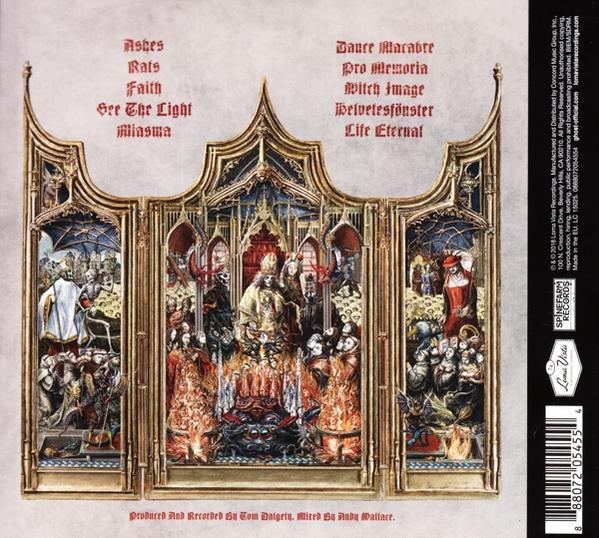 Achterkant van een album in gotische kunststijl met een schilderij.