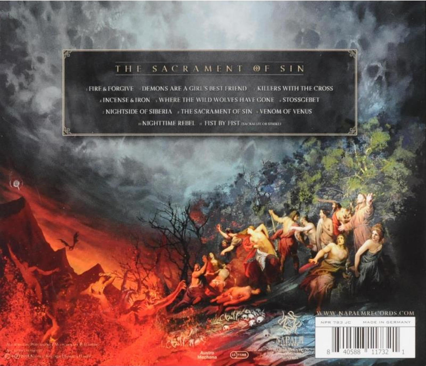 Achterkant van het album met tekst en artwork. Artwork toont figuren te midden van vuur en chaos.