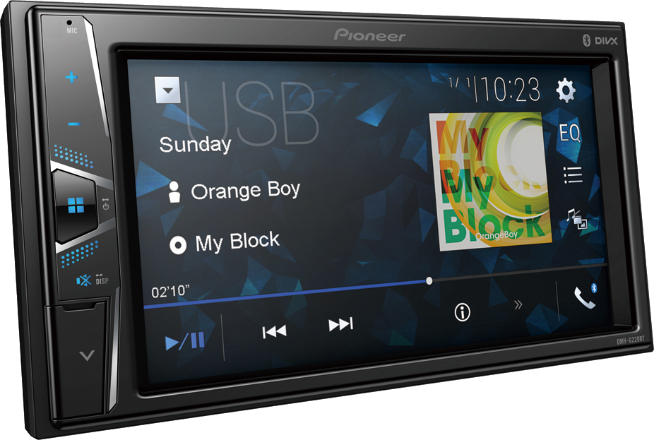 Autoradio mit Bildschirm, der Musikinformationen anzeigt. Blaues und schwarzes Design.