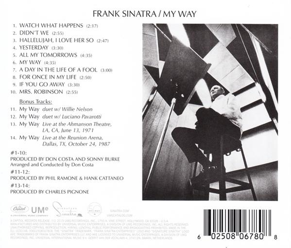Albumhoes van Frank Sinatra's 'My Way'. Zwart-wit foto van Sinatra met songlijst.