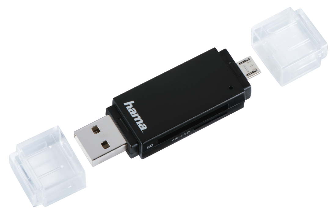 Fekete és szürke USB kártyaolvasó két fehér kupakkal.