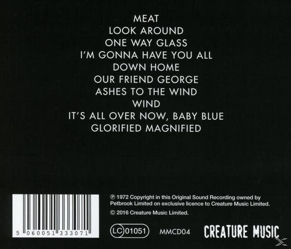 Album-Rückseite mit Songtiteln. Schwarzer Hintergrund, weißer Text.