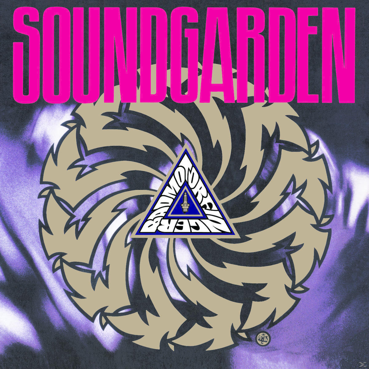 Soundgarden-Albumcover. Ein Wirbel aus Farben um ein Logo und ein Dreieck.