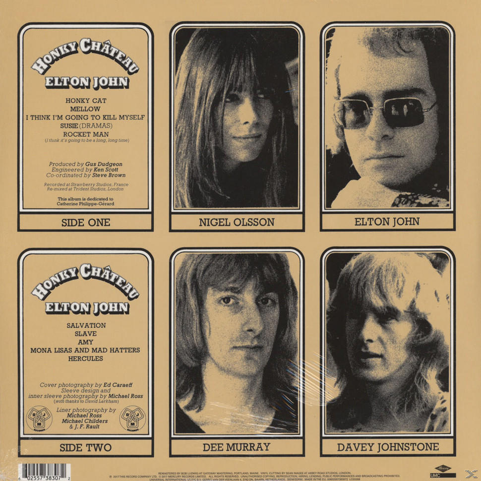 Albumcover mit sechs gerahmten Bildern von Elton John und Bandmitgliedern.