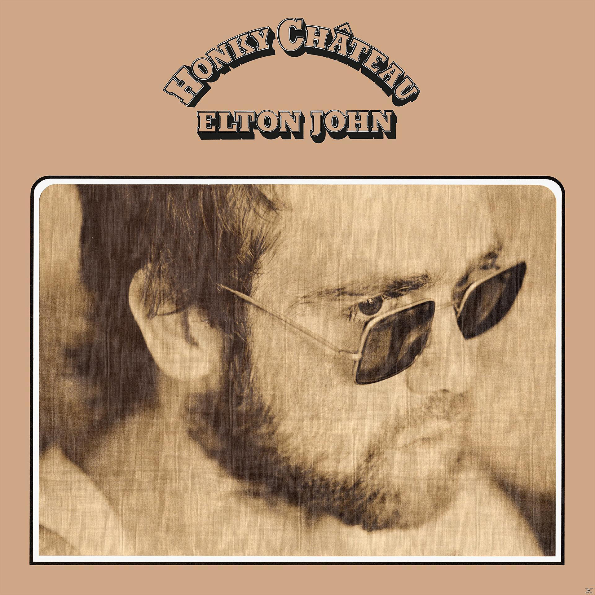 Albumcover: Honky Chateau, Elton John. Ein sepiafarbenes Foto von Elton John mit Sonnenbrille. Brauner Hintergrund.