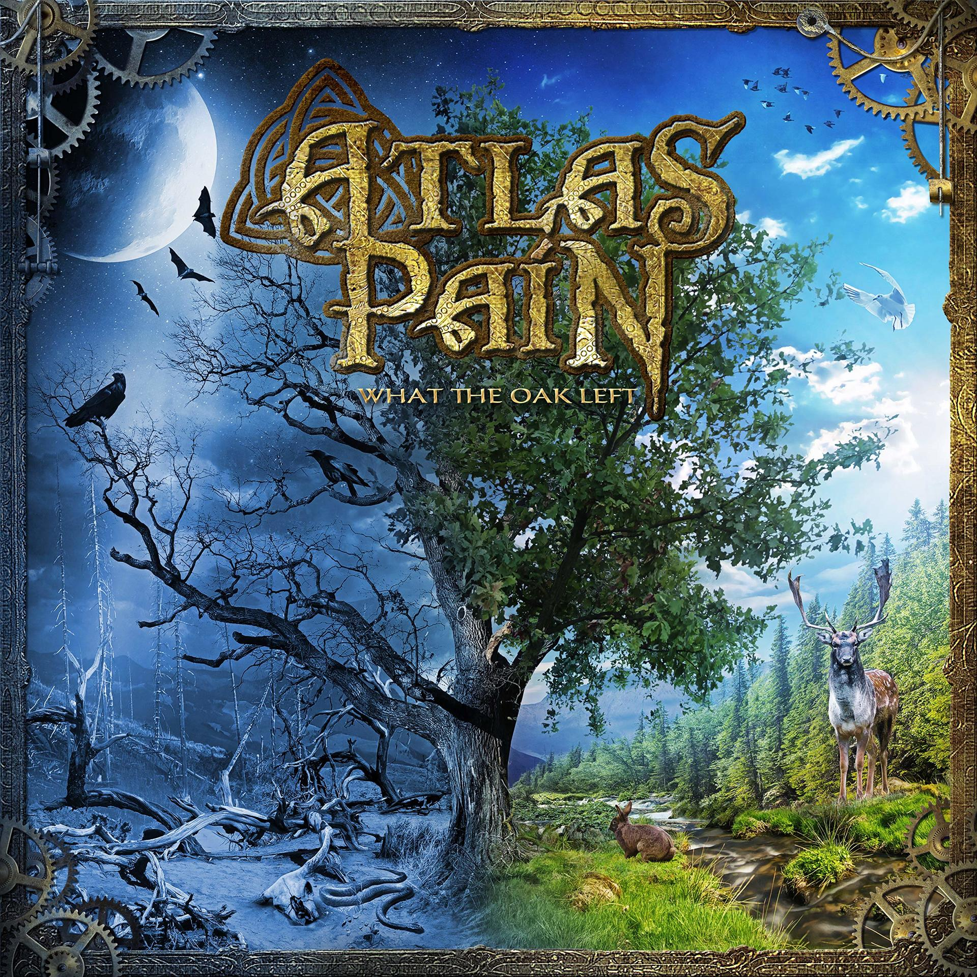 Albumcover: Eine geteilte Szene mit einem Baum, einem Hirsch und dunklen/hellen Seiten, mit 'Atlas Pain'.