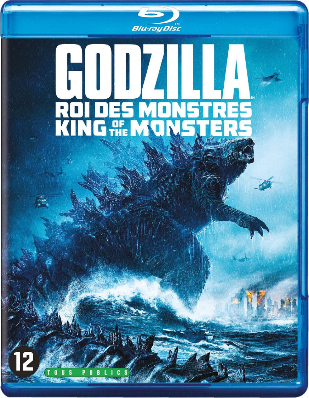 Couverture Blu-ray du film Godzilla. Godzilla sort de l'eau, ville en feu en arrière-plan.