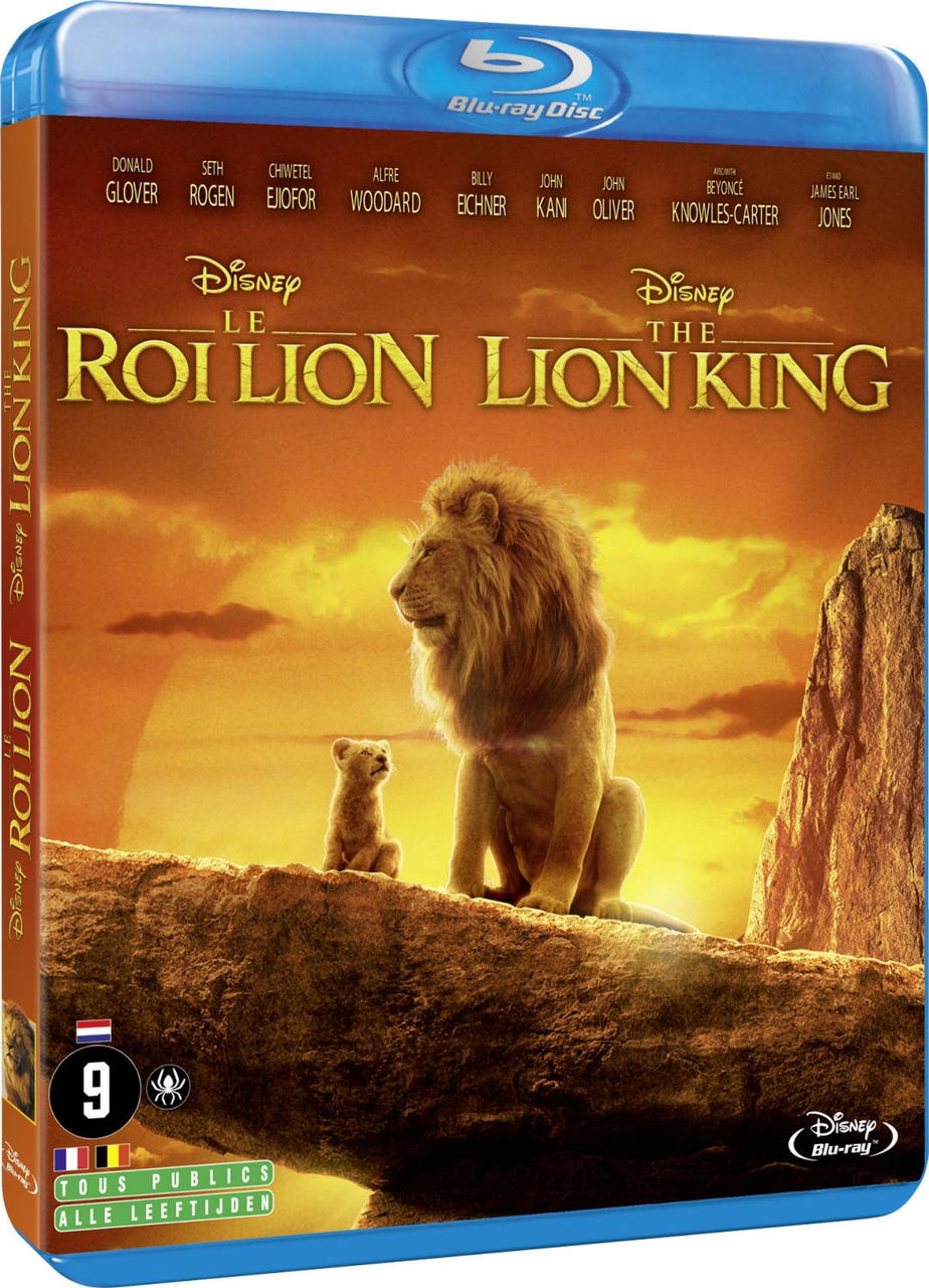 Couverture de disque Blu-ray pour Le Roi Lion. Il montre un lion et son petit sur un rocher.