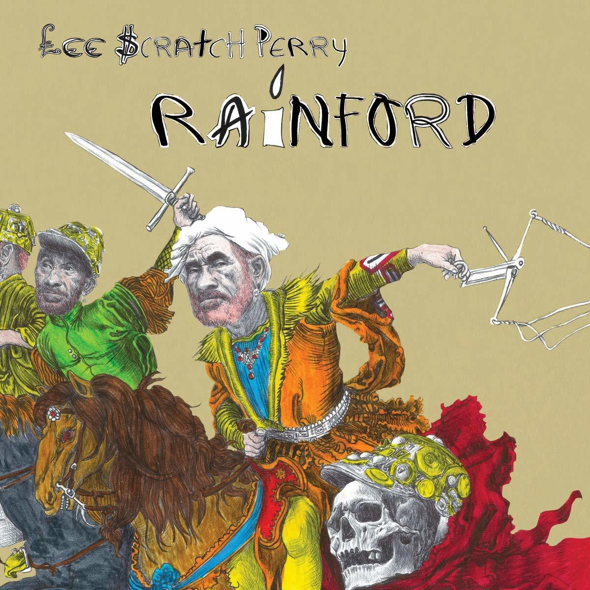 Albumcover: Lee Scratch Perry, Krieger auf Pferden, Schädel, Text 'Rainford'.