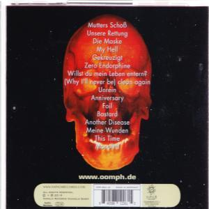 Roter Schädel auf schwarzem Hintergrund mit Songtiteln. Website-Adresse unten.