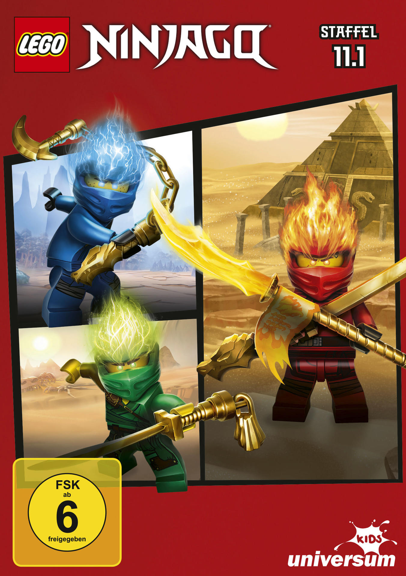 Lego Ninjago, Staffel 11. Vier Ninjas mit Waffen auf rotem Hintergrund. Sand und Tempel.