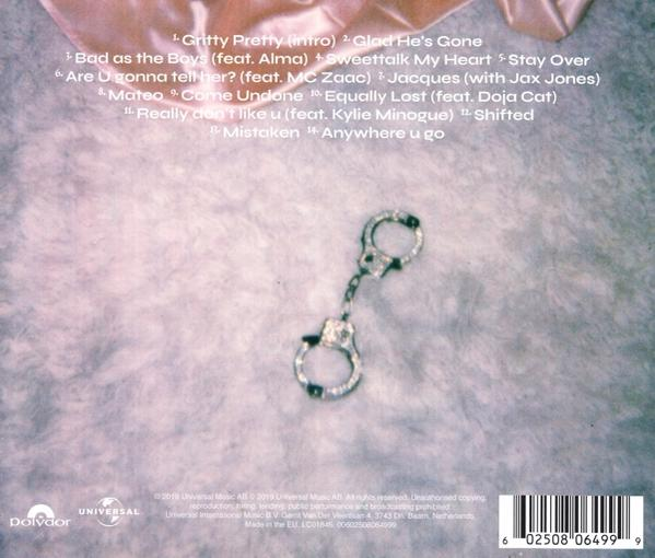Das Albumcover eines Albums mit Songtiteln und einem Paar Handschellen auf einem farbenfrohen Hintergrund.