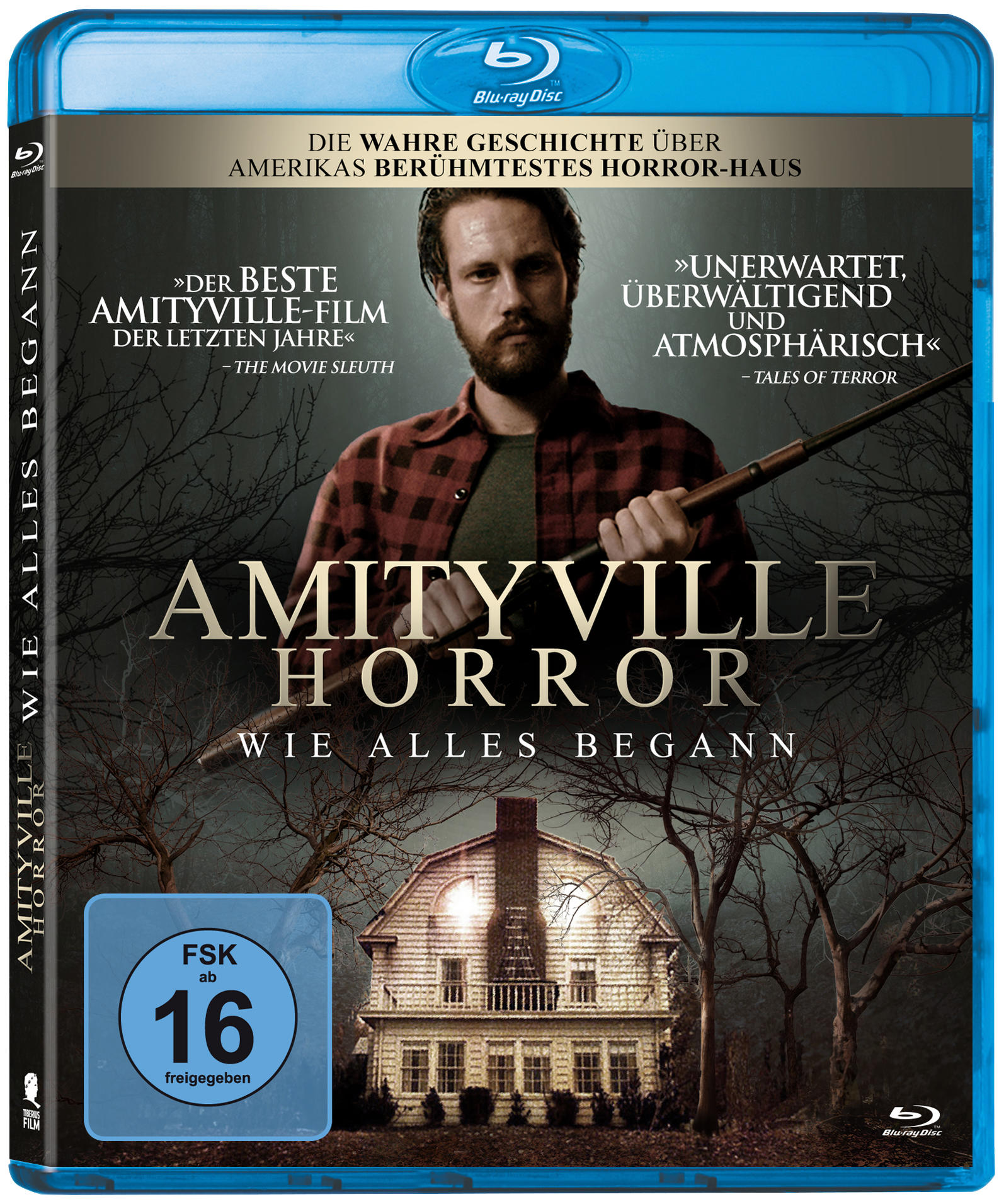 Filmcover mit einem Mann, der ein Gewehr vor einem Haus hält. Der Text lautet Amityville Horror.