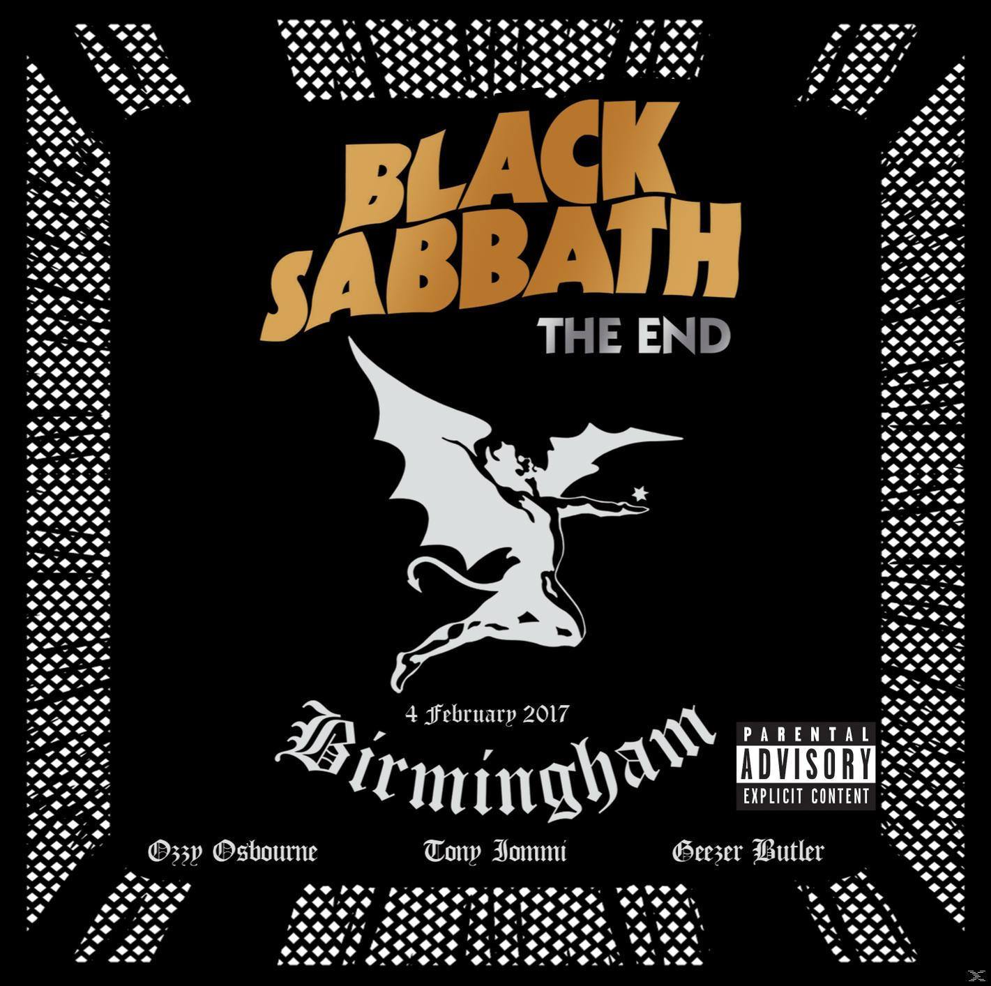 Black Sabbath Albumcover: Schwarzer Hintergrund, weiße fledermausartige Figur, goldener Text.